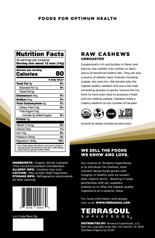 Terrasoul Organic Raw Cashews close-up texture shows creamy richness.