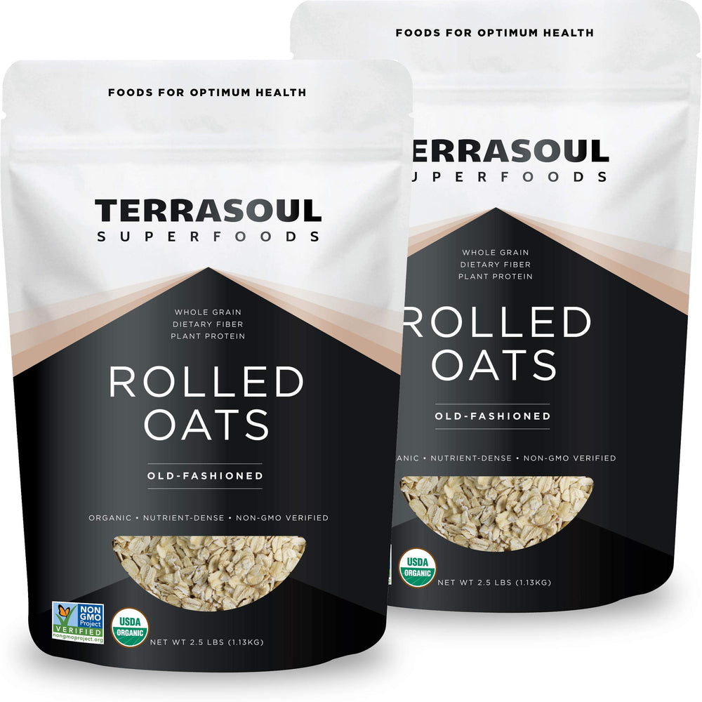 Terrasoul Organic Rolled Oats in two resealable pouches for freshness