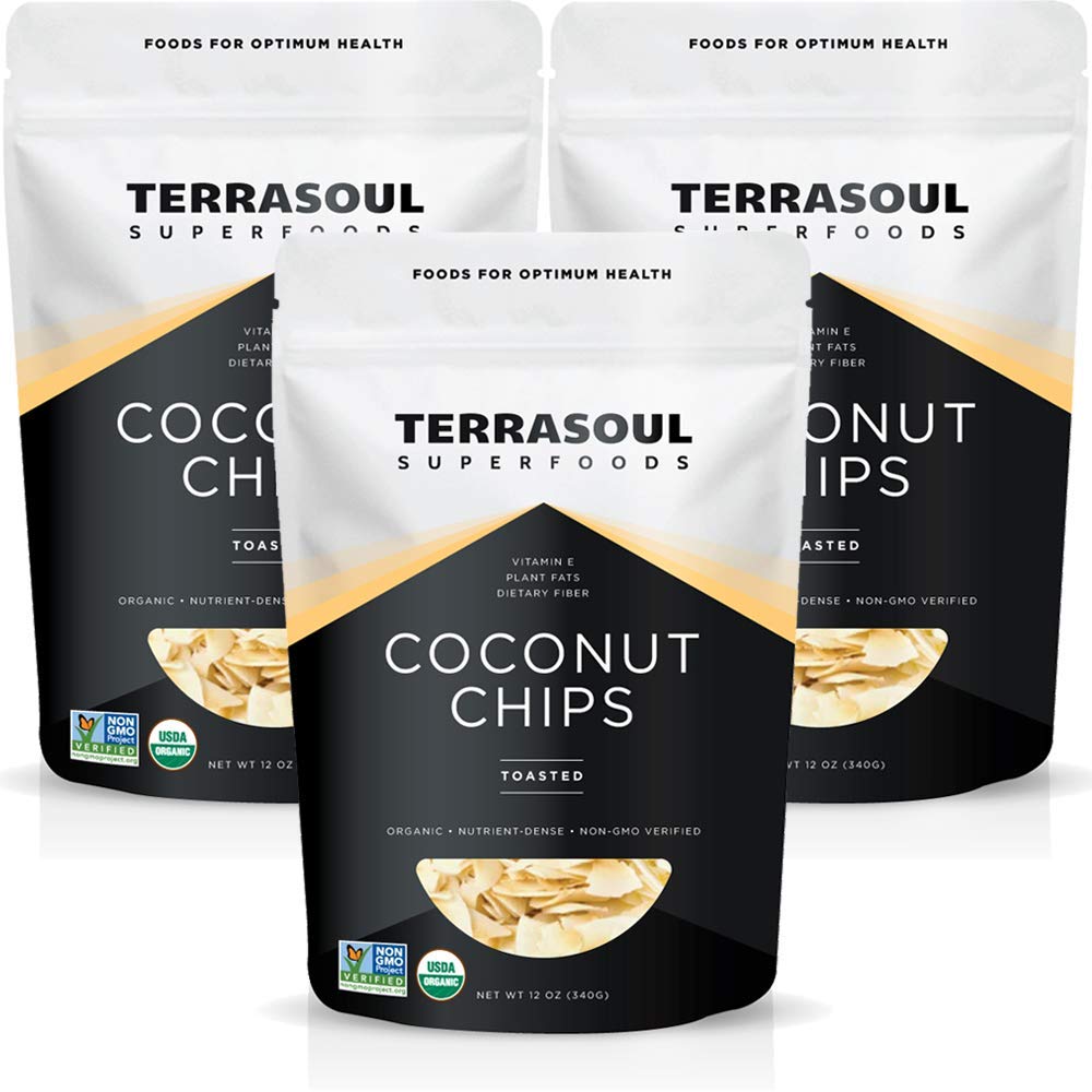 Terrasoul Organic Toasted Coconut Chips pack view, convenient unsweetened snack.