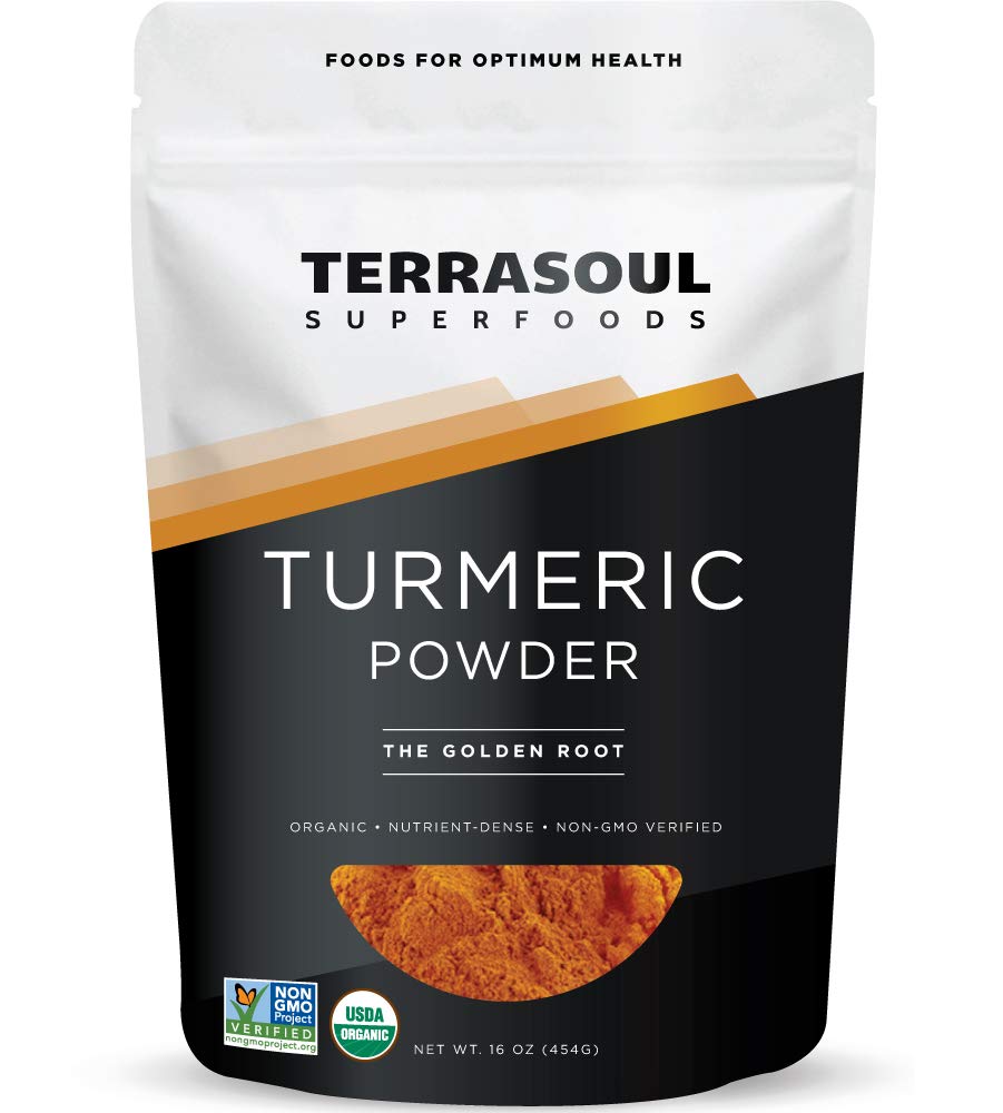 Terrasoul Organic Turmeric Powder 16oz bag shows vibrant orange spice for curries and smoothies.