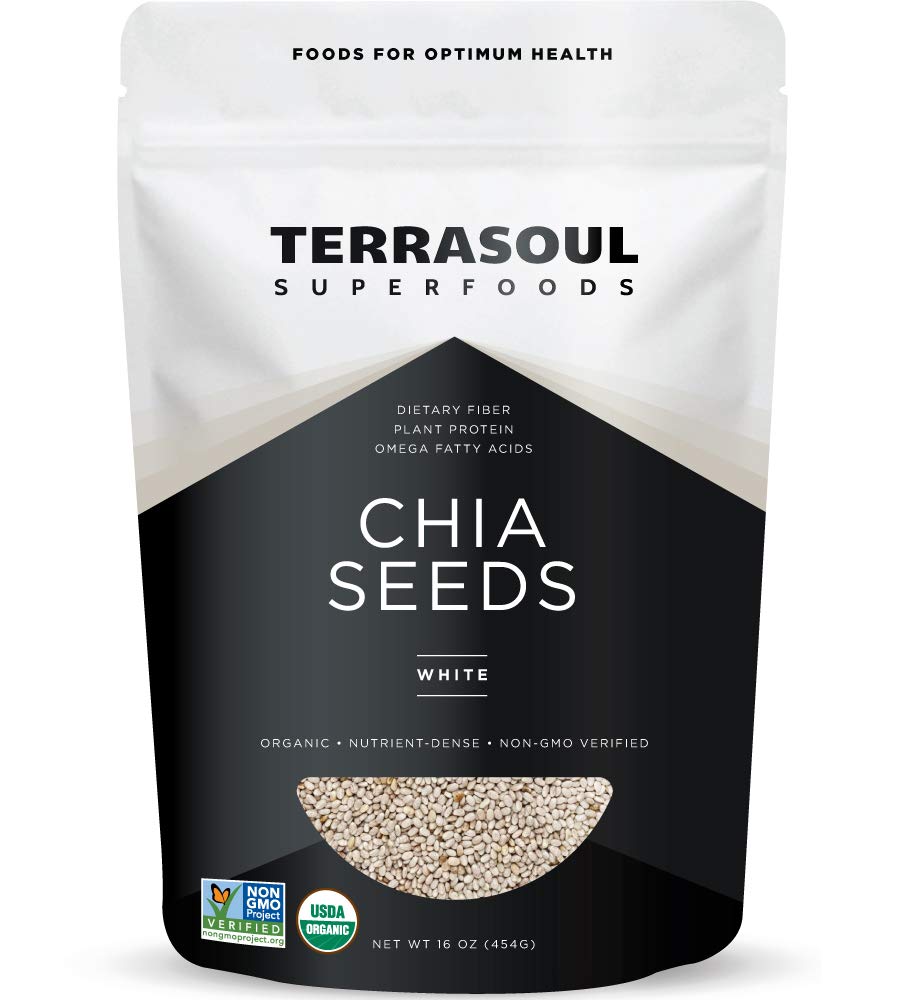 Terrasoul Superfoods Organic White Chia Seeds 16oz pack closeup with omega fats and fiber.