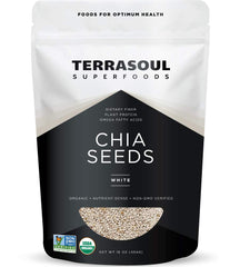 Terrasoul Superfoods Organic White Chia Seeds 16oz pack closeup with omega fats and fiber.