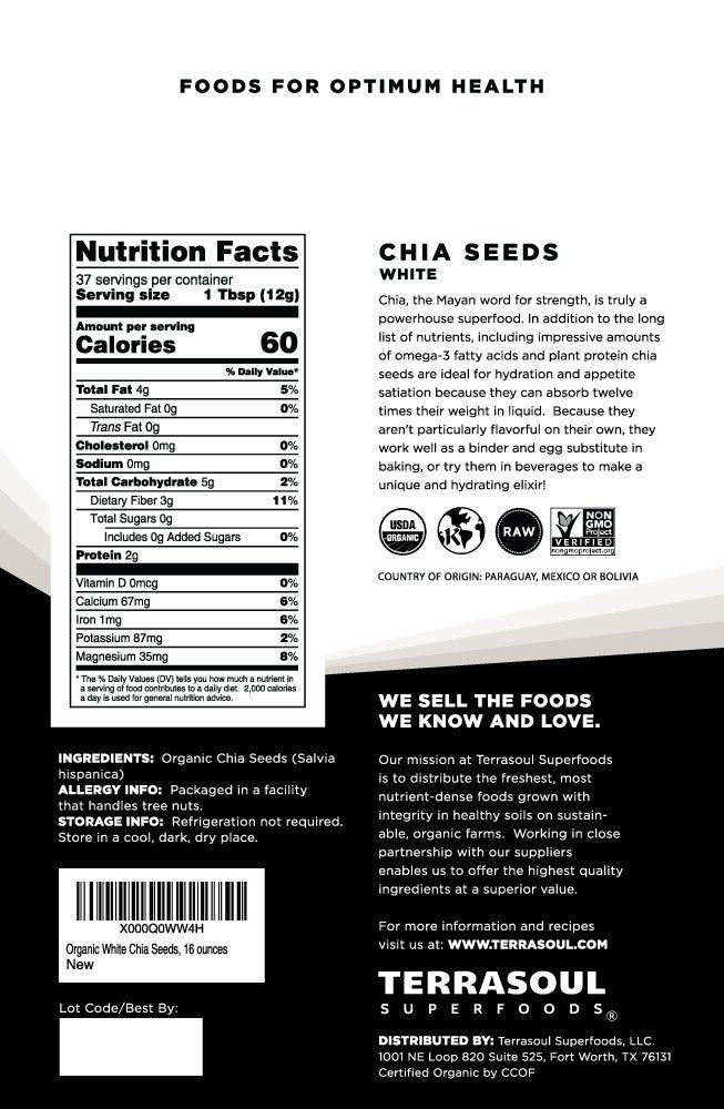 Closeup of Terrasoul chia seeds; calcium source for daily nutrition
