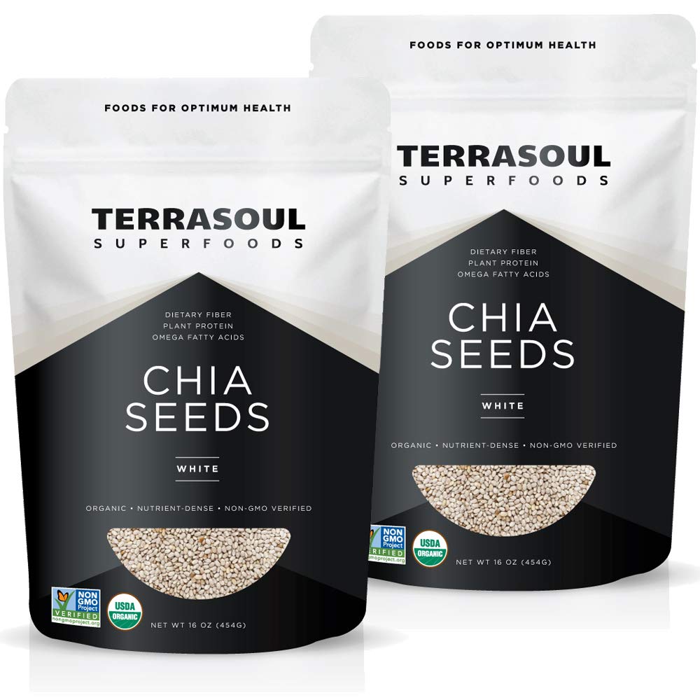 Terrasoul Organic White Chia Seeds 2lb pack front; vegan omega fats source