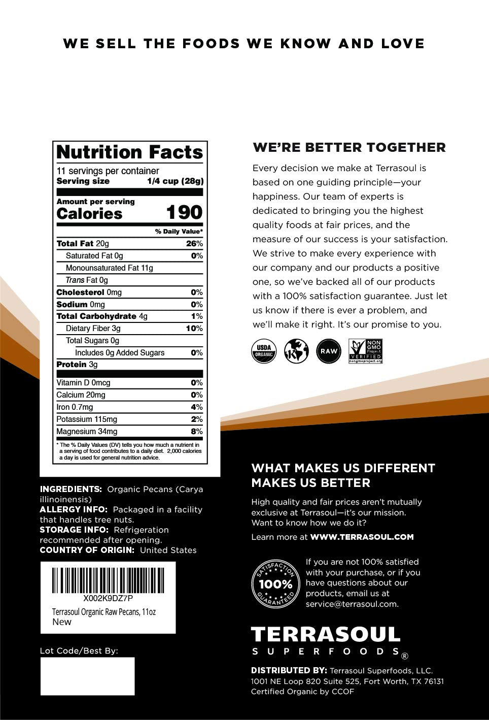 Terrasoul Pecans Raw Organic USA; ideal for toppings and trail mix.