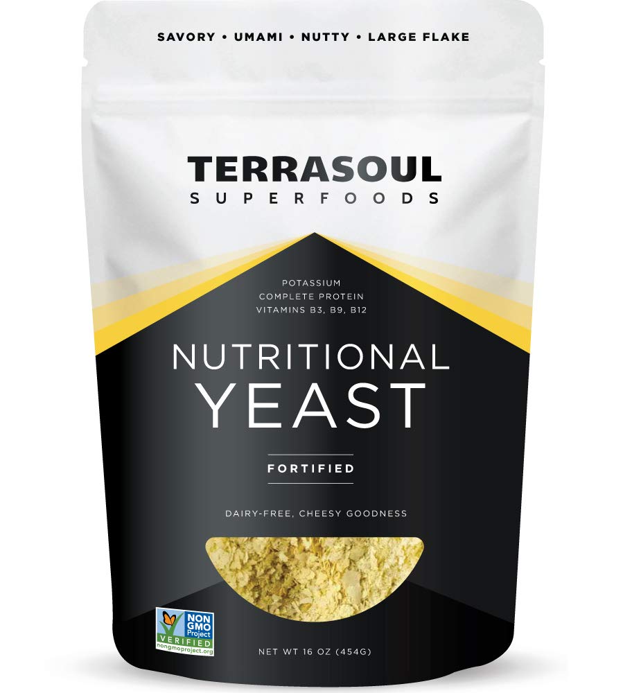 Terrasoul Premium Nutritional Yeast Flakes 16oz bag front, gluten-free vegan flavor enhancer.