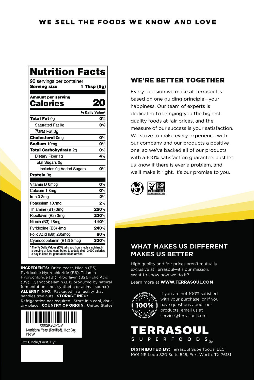 Terrasoul nutritional yeast flakes resealable pouch closeup, preserving freshness for everyday cooking.