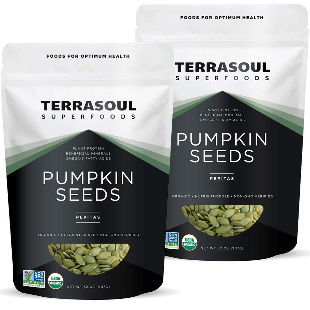Terrasoul pumpkin seeds 4 lb pack on shelf, raw and versatile for snacks.