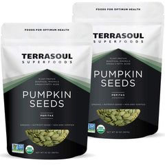 Terrasoul pumpkin seeds 4 lb pack on shelf, raw and versatile for snacks.