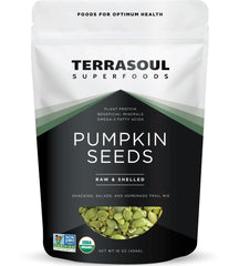 Terrasoul pumpkin seeds front label highlighting organic, raw quality for snacking