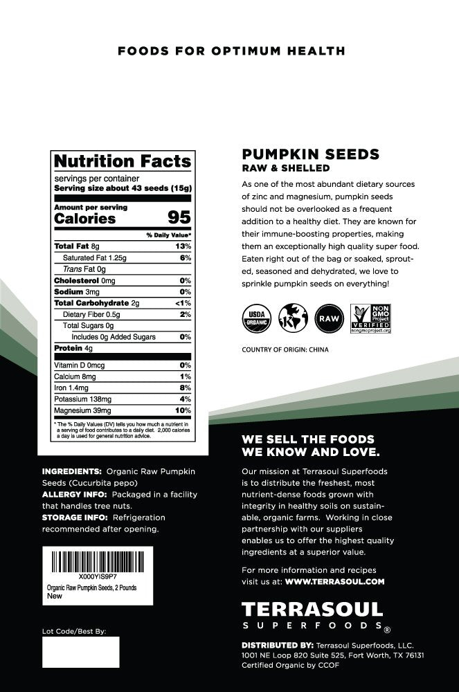 Terrasoul pumpkin seeds raw closeup, crunchy texture ideal for trail mixes.