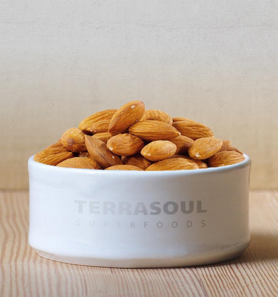 Terrasoul Raw Almonds label closeup highlighting organic certification and purity.