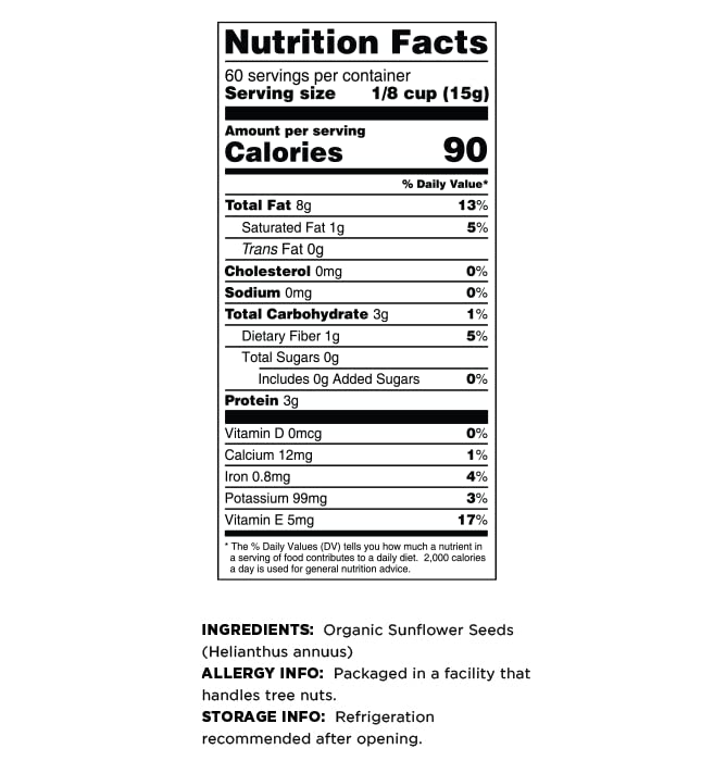 Terrasoul sunflower seeds label highlights organic, non-GMO, vegan attributes.