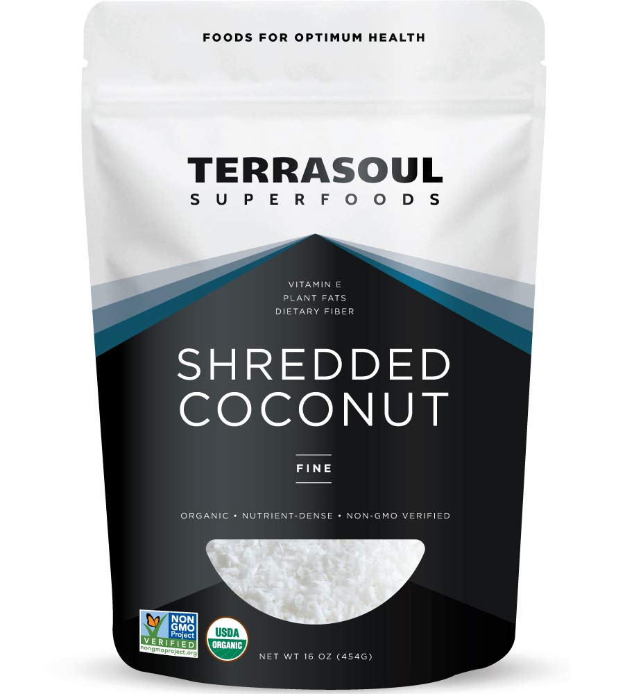 Terrasoul Superfoods coconut flakes in a 16 oz pouch, ready for baking