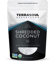 Terrasoul Superfoods coconut flakes in a 16 oz pouch, ready for baking