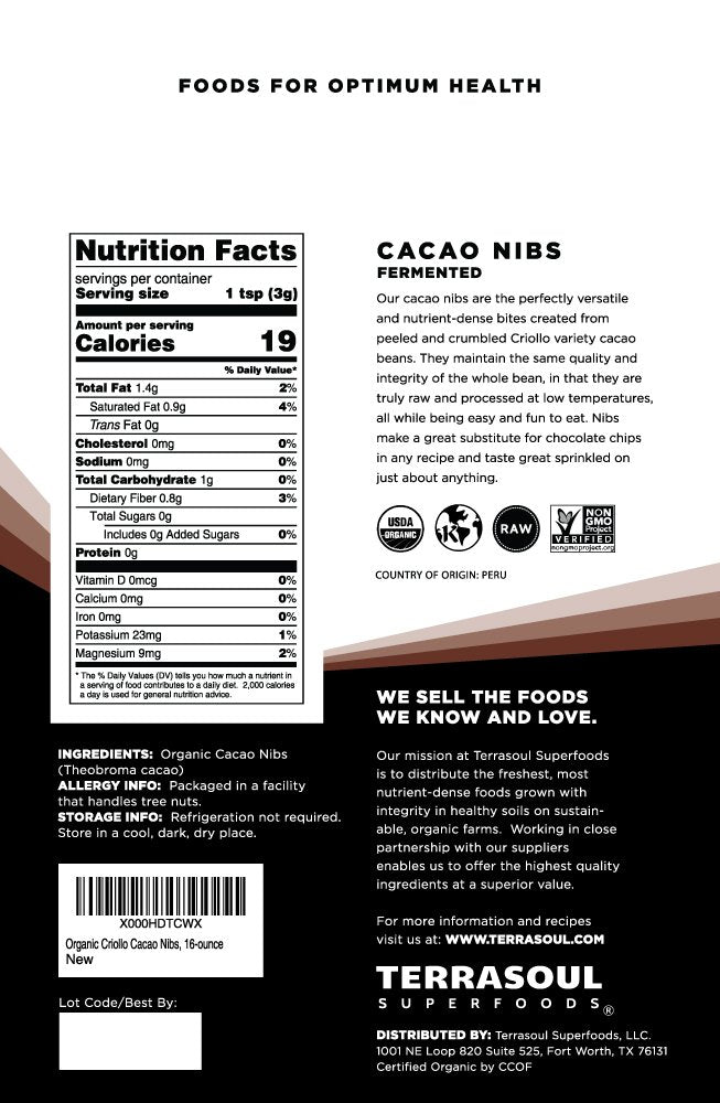 Terrasoul Superfoods cacao nibs 2lb pack ready for baking and desserts