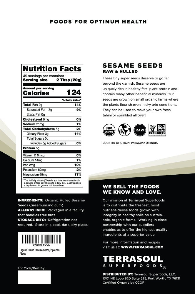 Terrasoul organic hulled sesame seeds bulk bag close-up, ideal for dressings