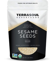 Terrasoul Superfoods sesame seeds package front, raw and organic for tahini