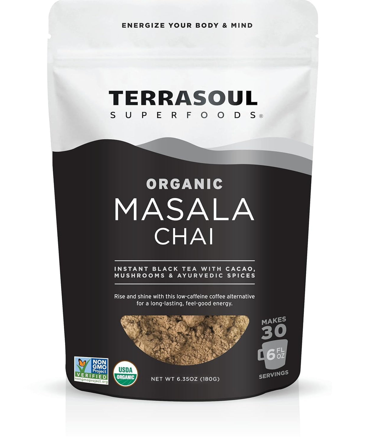 Terrasoul Superfoods organic instant masala chai packaging on display; sustainable sourcing highlighted.
