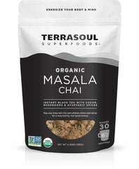 Terrasoul Superfoods organic instant masala chai packaging on display; sustainable sourcing highlighted.