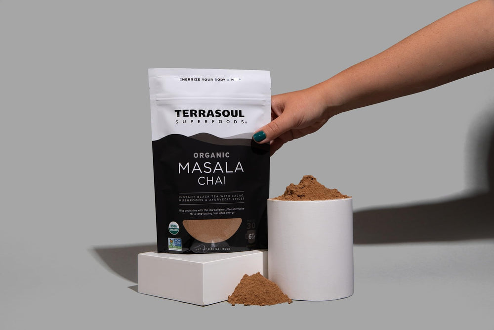 Terrasoul Superfoods masala chai spice blend closeup; fragrant cinnamon and ginger energize.
