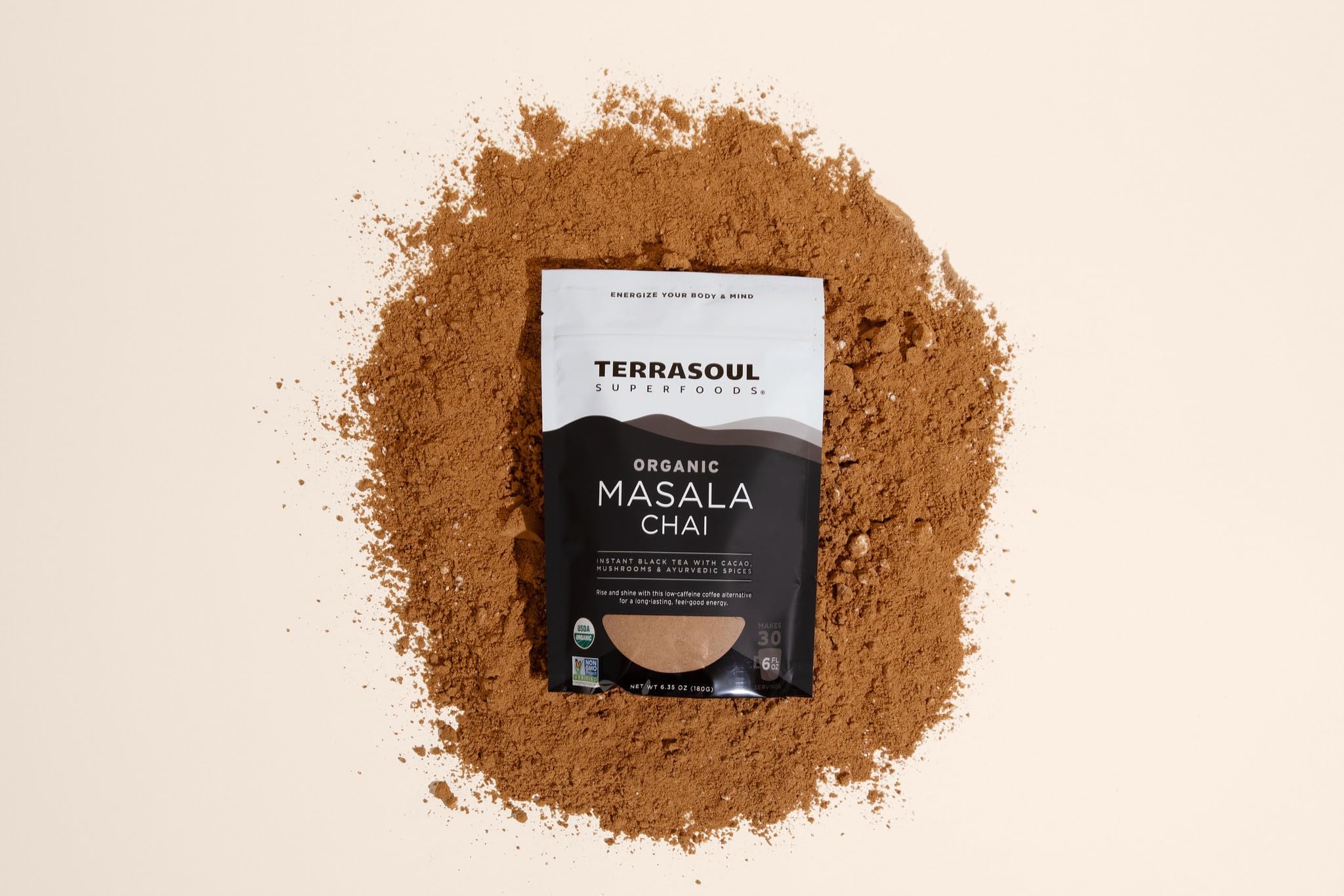 Terrasoul Superfoods organic mushroom blend closeup; premium adaptogens for balanced focus.