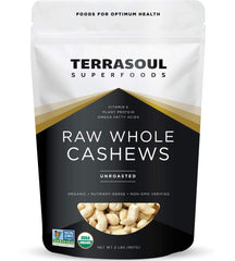 Terrasoul Superfoods organic raw cashews in a 2 lb bag, snacking ready.