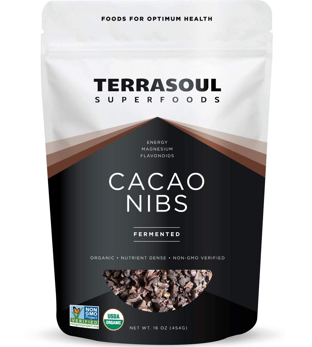 Terrasoul Superfoods raw cacao nibs close-up highlighting premium Criollo beans for snacking
