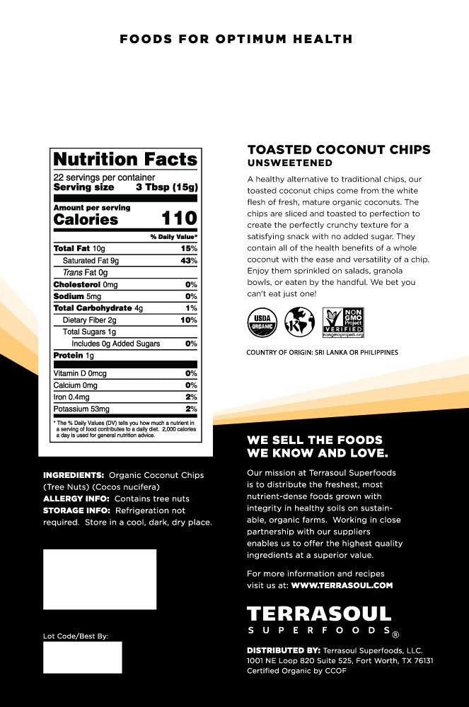 Terrasoul Toasted Coconut Chips closeup texture, crisp, satisfying bite.