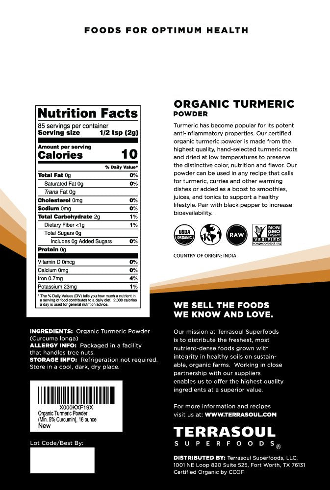 Terrasoul Turmeric Powder label close-up with organic certification and purity indicators.