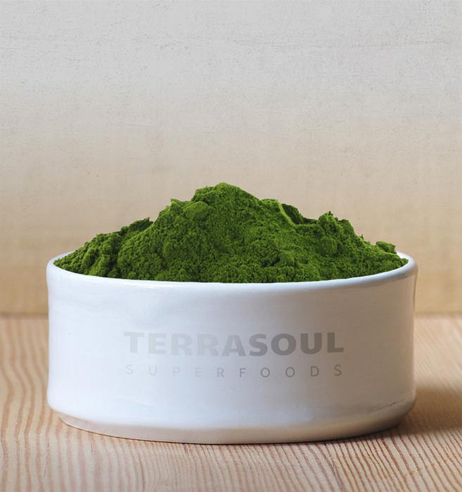 Terrasoul canister of wheat grass juice powder on kitchen counter