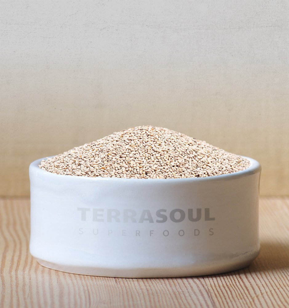 Terrasoul Superfoods White Chia Seeds in bowl, ready to thicken recipes with gel.
