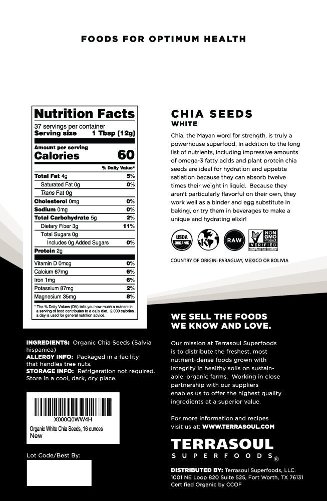 Terrasoul Superfoods White Chia Seeds dry closeup, ideal for smoothies and puddings.