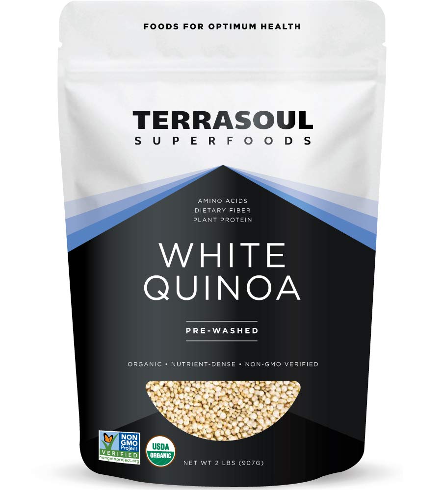 Terrasoul white quinoa 2lbs prewashed grains ready for quick cooking.