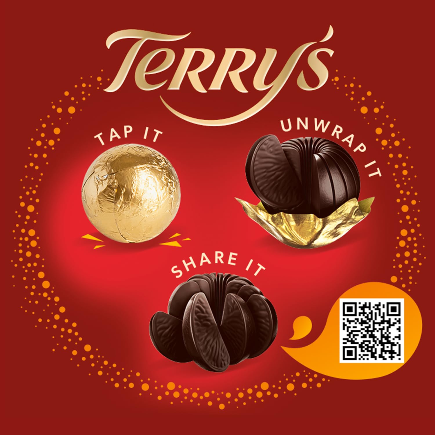 Close-up of Terry's orange-wrapped chocolate segments, rich cocoa with citrus aroma.