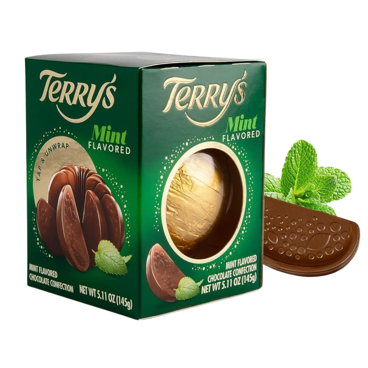 Terrys Mint Milk Chocolate Orange ball wrapped in gold foil, ideal for gifting.