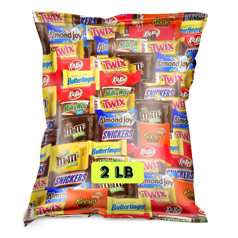 Tesel bulk assorted fun-size chocolates 2 lb bag on display, ideal for parties and gifting.