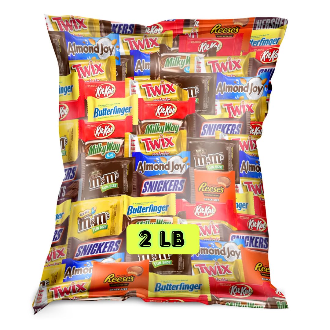 Tesel bulk assorted fun-size chocolates 2 lb bag on display, ideal for parties and gifting.