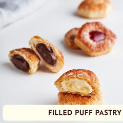 Tesoro chocolate cream center close-up—creamy core inside a buttery, airy puff pastry.