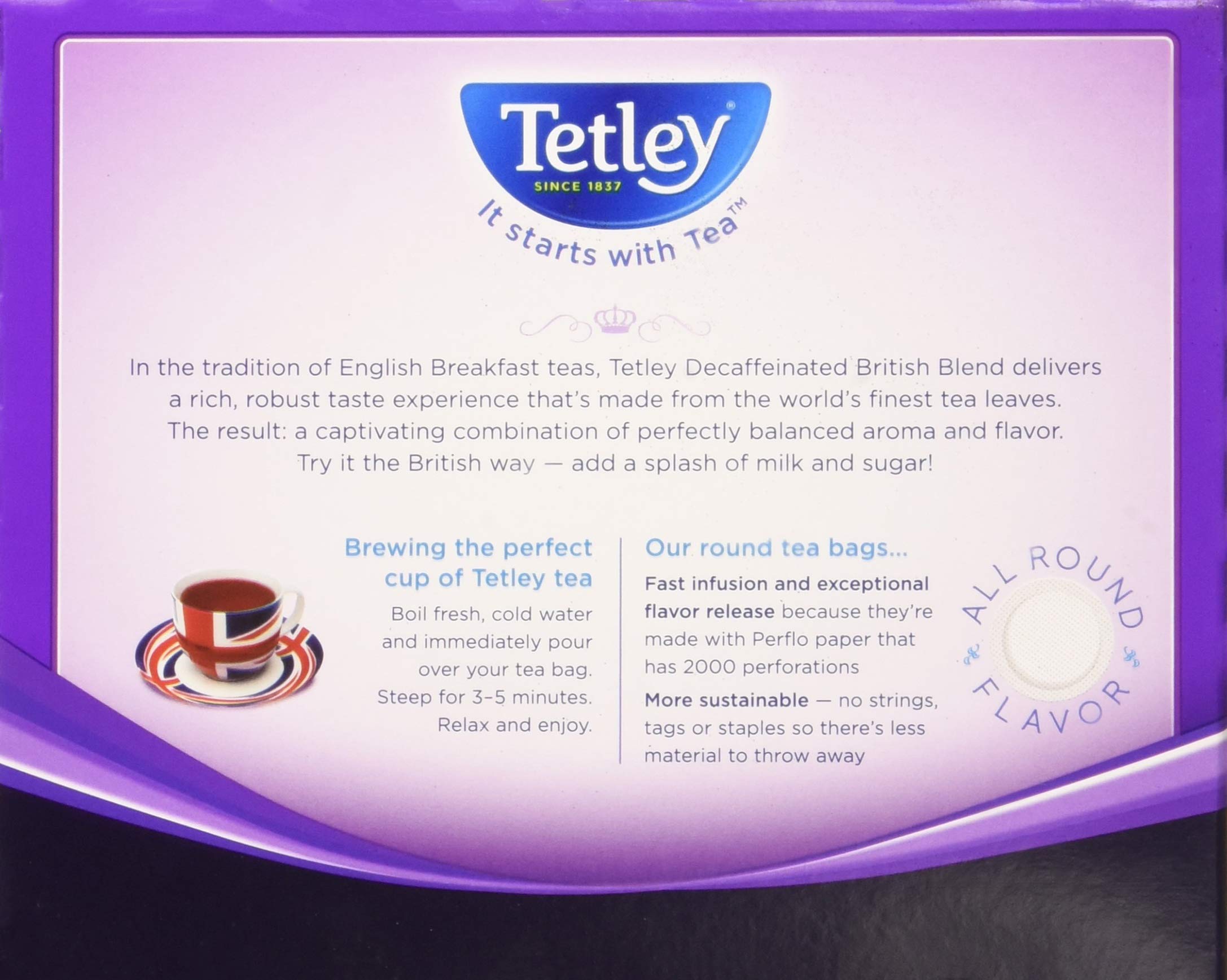Tetley packaging label highlights ethical sourcing and decaffeination process.