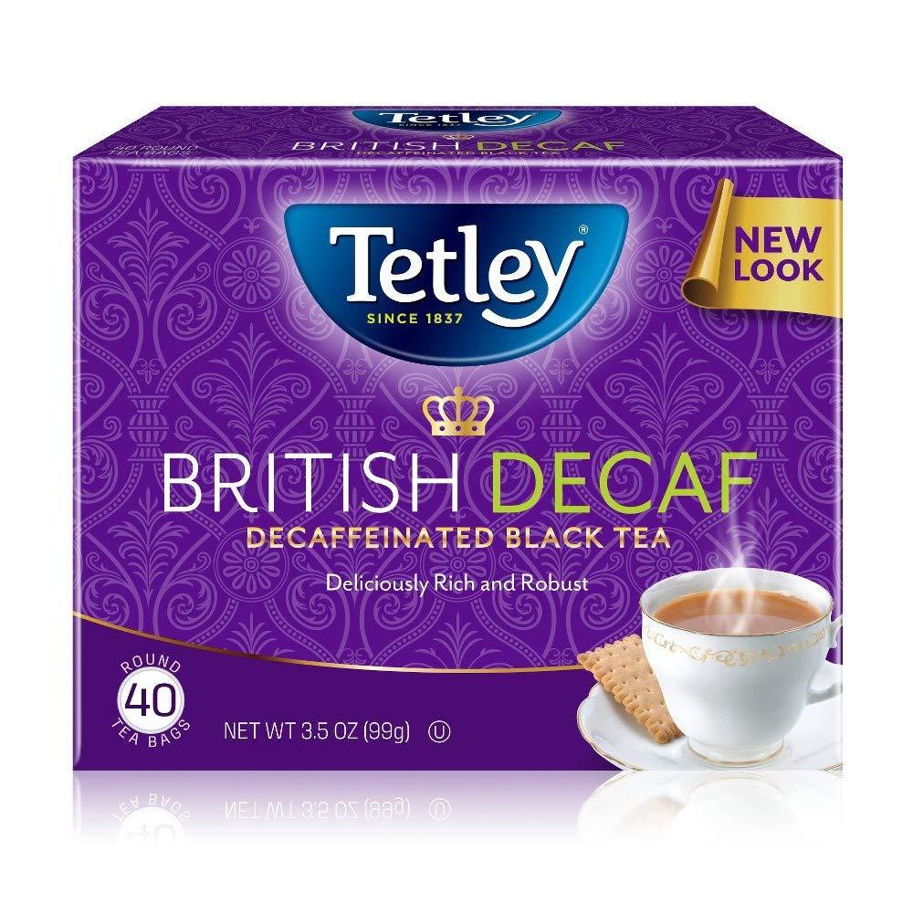 Tetley British Blend Decaffeinated tea bags pack for caffeine-free mornings.