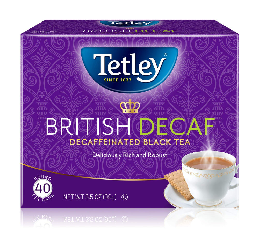 Tetley British Blend Decaf tea box, premium packaging for tea lovers.