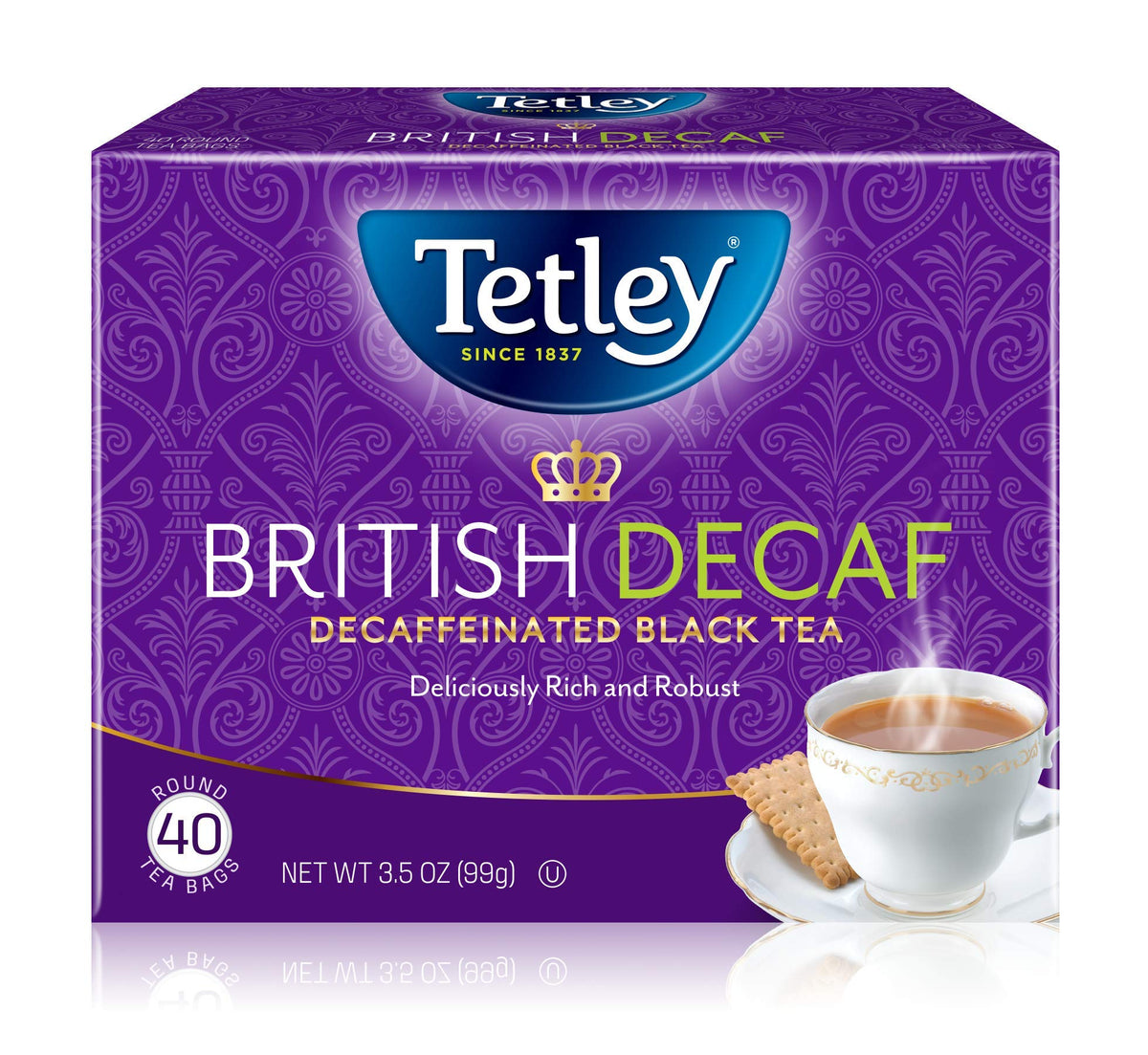 Tetley British Blend Decaf tea box, premium packaging for tea lovers.