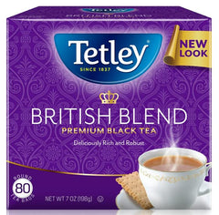 Tetley British Blend tea bags in a box, ideal for a quick morning brew.