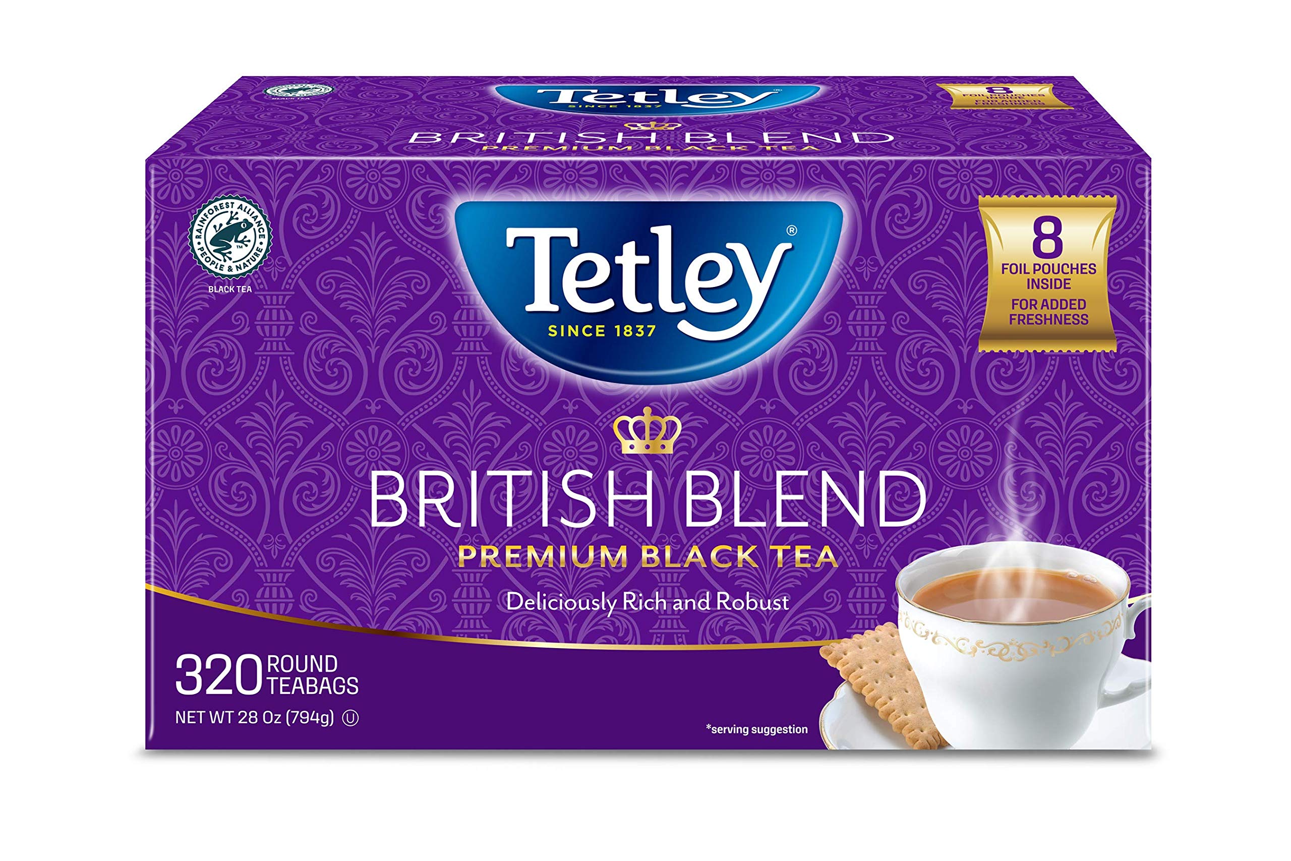 Tetley British Blend box front showing 320 teabags for daily use
