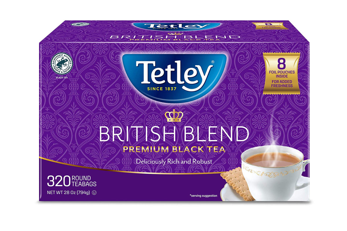 Tetley British Blend box front showing 320 teabags for daily use
