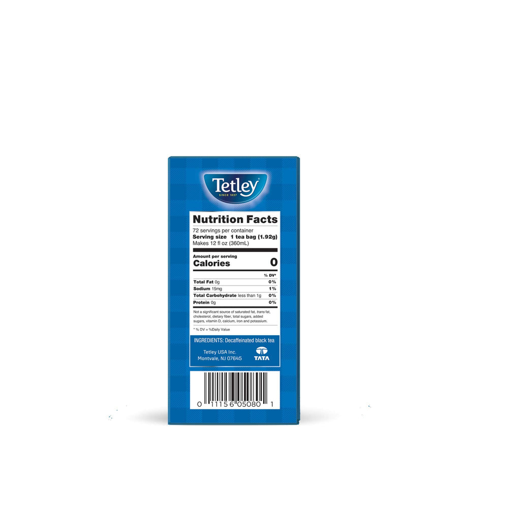 Tetley Classic Blend Decaf box front highlights packaging.