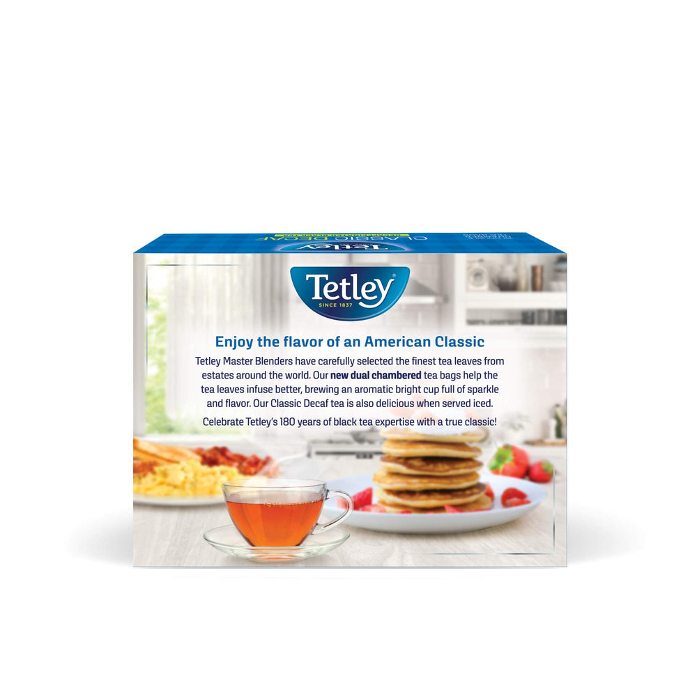 Tetley Classic Blend Decaf cup amber showcases smooth, full-bodied flavor.