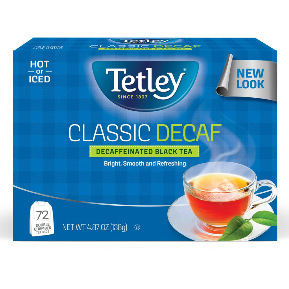 Tetley decaf black tea bags box showcases packaging for easy daily enjoyment.