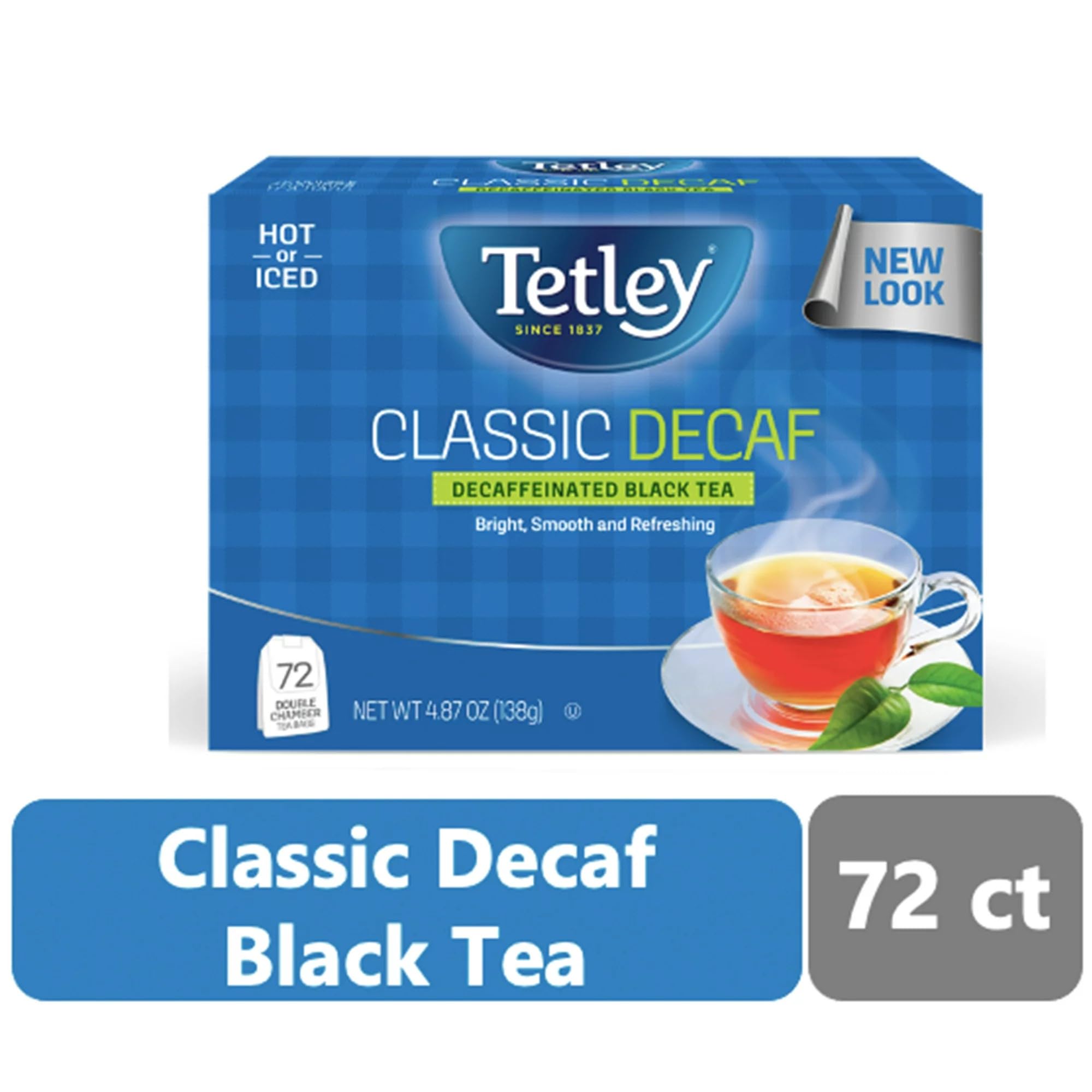 Tetley decaf black tea brew cup reveals rich aroma and comforting flavor.